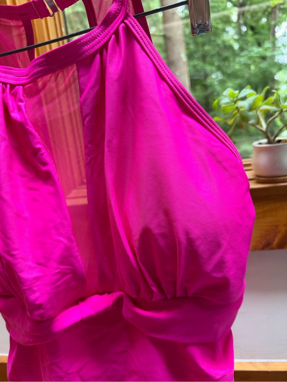 Tempt me hot pink one piece bathing suit high mesh v neck size XL - Picture 4 of 11